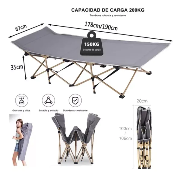 Cama Catre Plegable Resistente Reforzado 150kg + Bolso Camping - Imagen 2